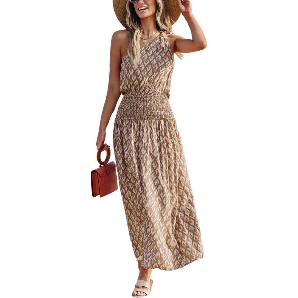 Women's Rayon Maxi Dress One Shoulder Smocked Floral Summer Boho Casual